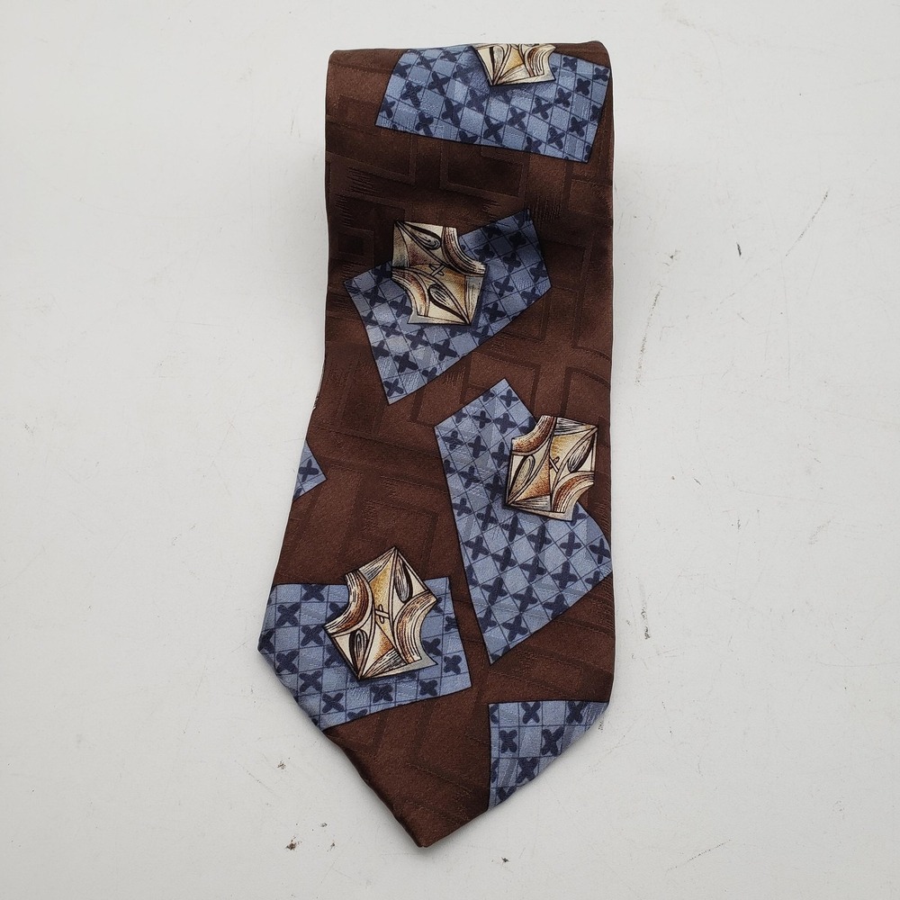 Ferracci Tie Mens One Size Brown Silk Geometric Jacquard Classic Long Necktie